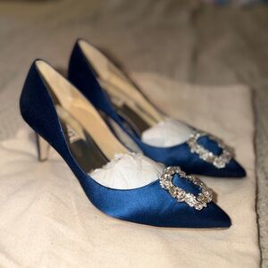 Badgley Mischka Cher Blue Satin Heels / Pumps with Crystal Embellishments Size 7